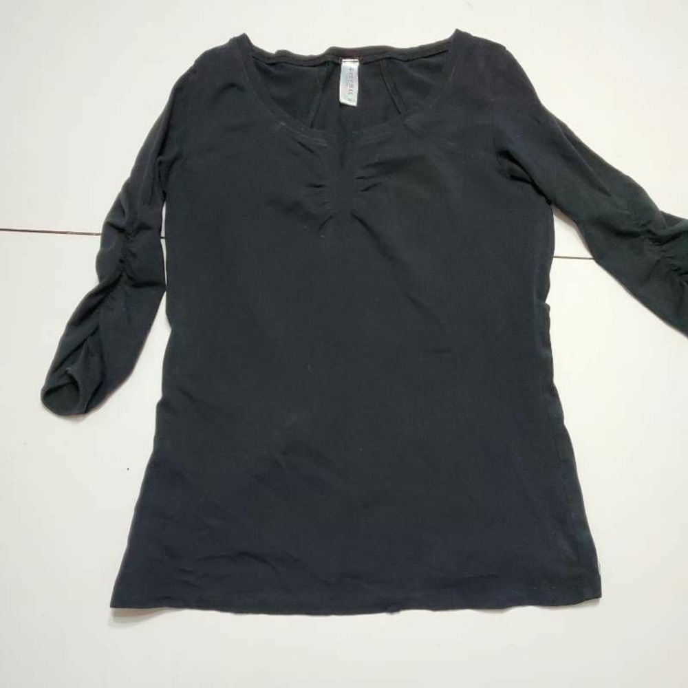 Soybu Womens Pullover Top Black Long Sleeve Notch Neck Ruched Stretch S